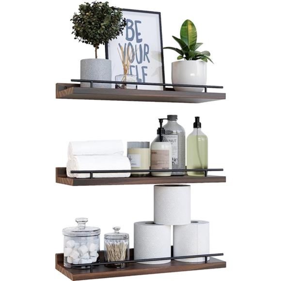 Floating Shelves with Black Metal Guardrail, Shelves for Wall Decor Set of 3